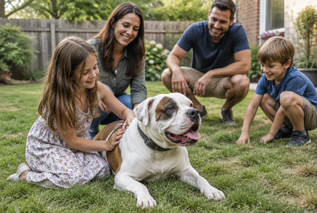 American Bulldog mit Familie im Garten American Bulldog spielt ruhig mit einer Familie im eingezäunten Garten