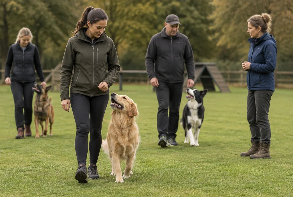 Begleithundeprüfung auf dem Hundeplatz Hundehalter üben mit ihren Hunden die Fußarbeit auf dem Hundeplatz, eine Trainerin schaut zu