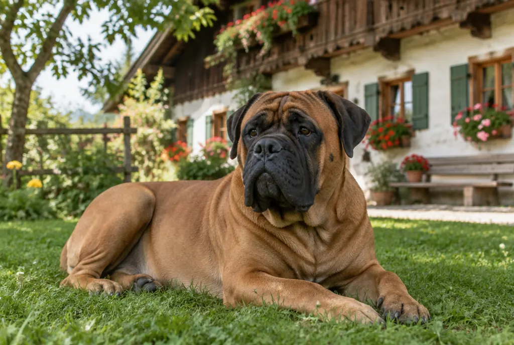 Bullmastiff im Garten eines Bauernhauses Bullmastiff liegt entspannt im Garten eines bayerischen Bauernhauses mit Blumenkästen