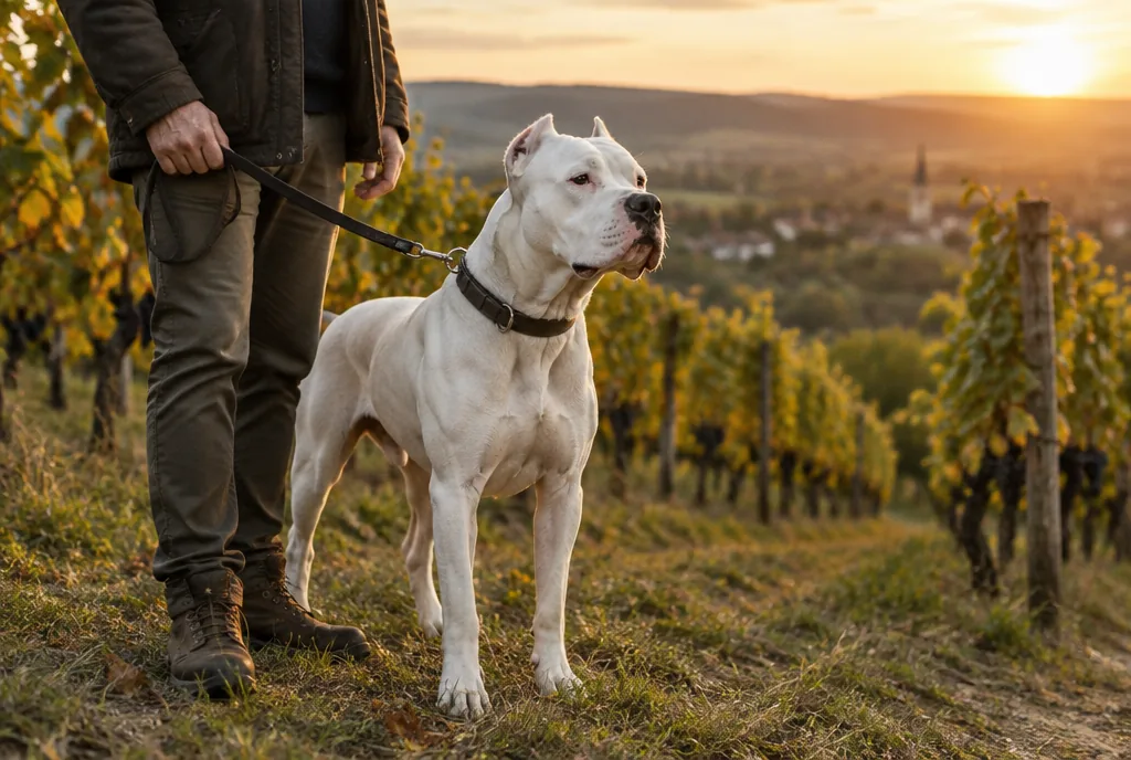 Dogo Argentino im Weinberg Weißer Dogo Argentino steht angeleint mit seinem Halter im Weinberg bei Abendlicht