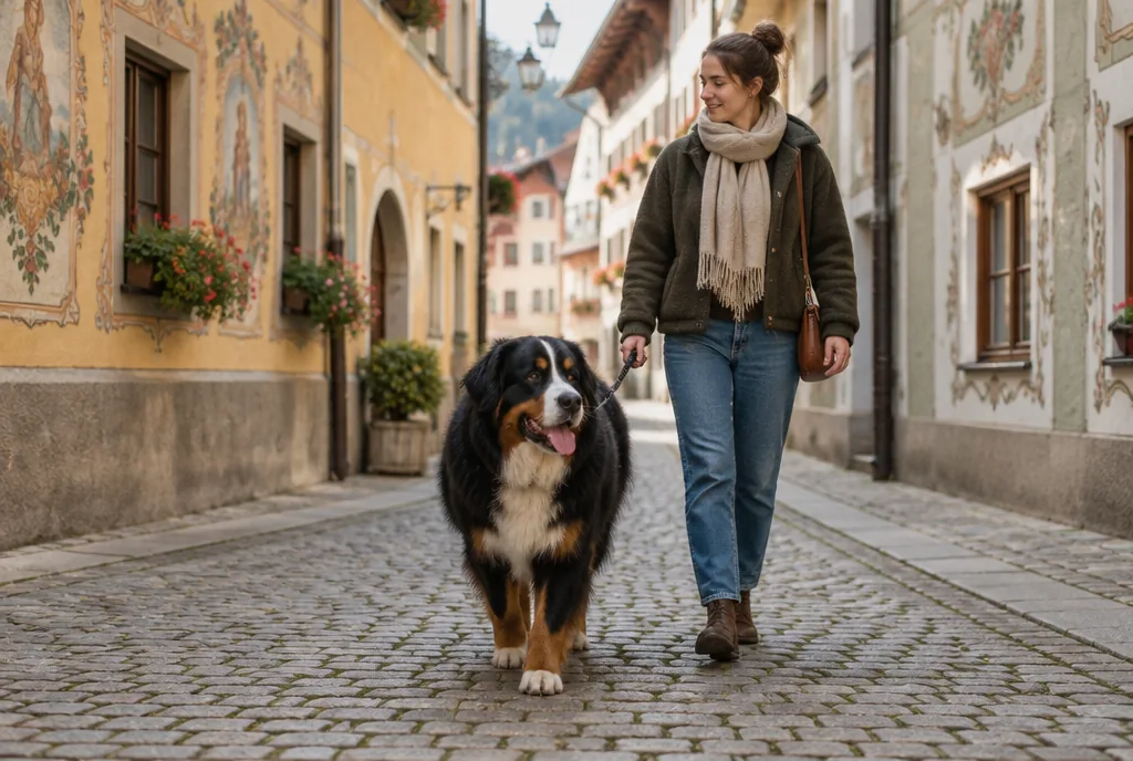 Großer Hund an kurzer Leine in einer bayerischen Altstadt Halterin führt einen großen Hund an kurzer Leine durch eine Altstadtgasse mit bemalten Fassaden
