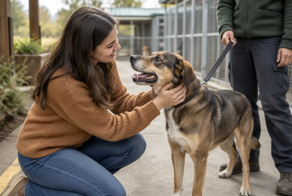 Hund aus dem Tierheim: Befreiung von der Hundesteuer Junge Frau begrüßt im Tierheim einen Mischlingshund, eine Tierpflegerin hält die Leine