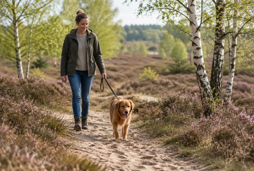 Leinenpflicht in der Heide im Frühjahr Halterin geht mit ihrem angeleinten Hund auf einem Sandweg durch die Heide