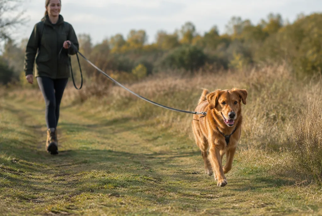 Hund an der Schleppleine auf dem Feldweg Hund läuft an einer langen Schleppleine, die seine Halterin in der Hand hält, über einen Feldweg