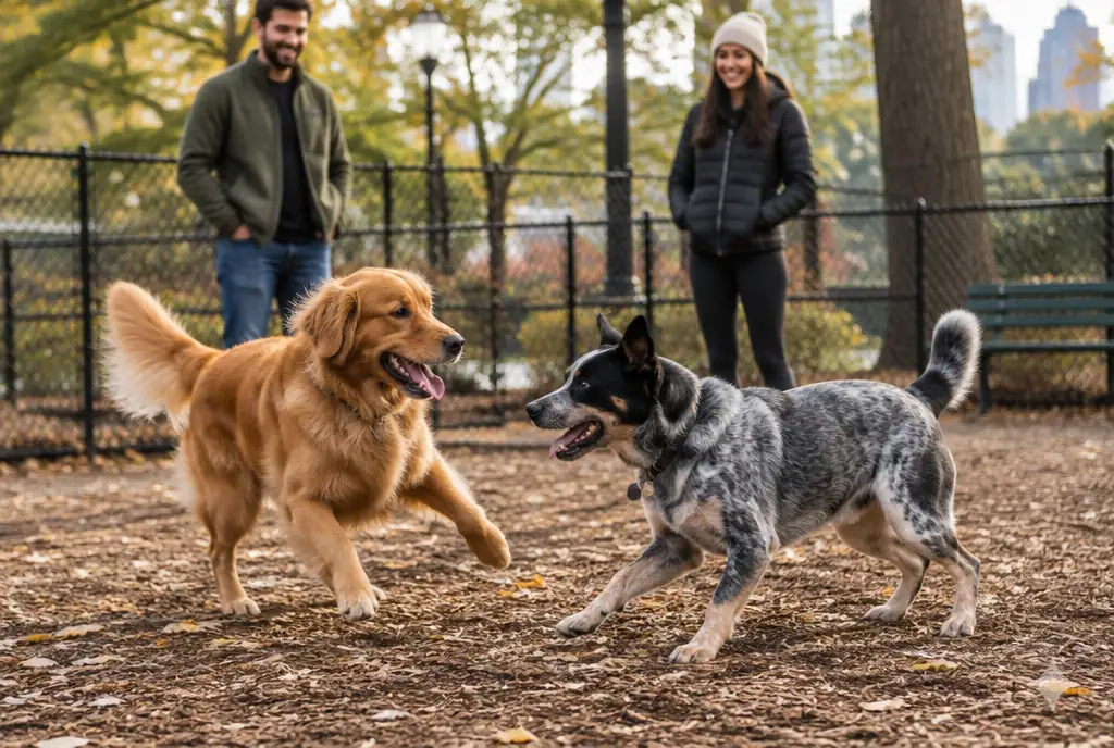 Hundeauslauffläche im Stadtpark Zwei Hunde spielen ohne Leine auf einer eingezäunten Hundeauslauffläche im Stadtpark