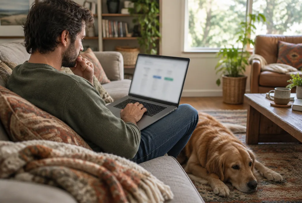 Hundehaftpflicht vergleichen am Laptop Mann vergleicht Versicherungsangebote am Laptop, sein Hund liegt zu seinen Füßen