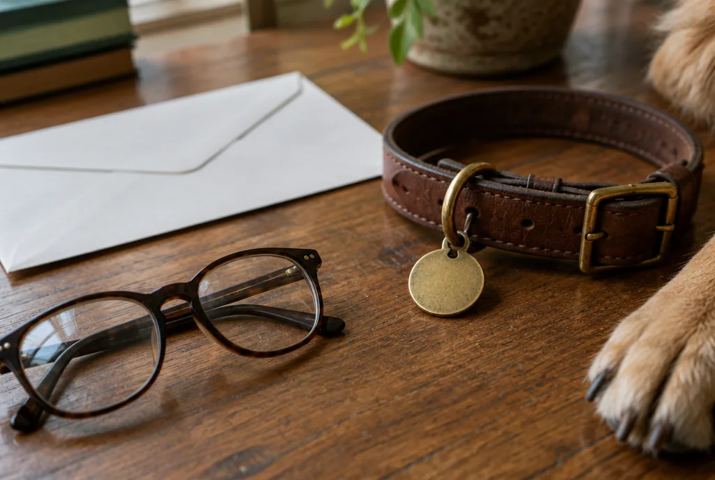 Hundesteuerbescheid und Hundemarke Briefumschlag vom Steueramt, Hundesteuermarke am Lederhalsband und Lesebrille auf einem Holztisch