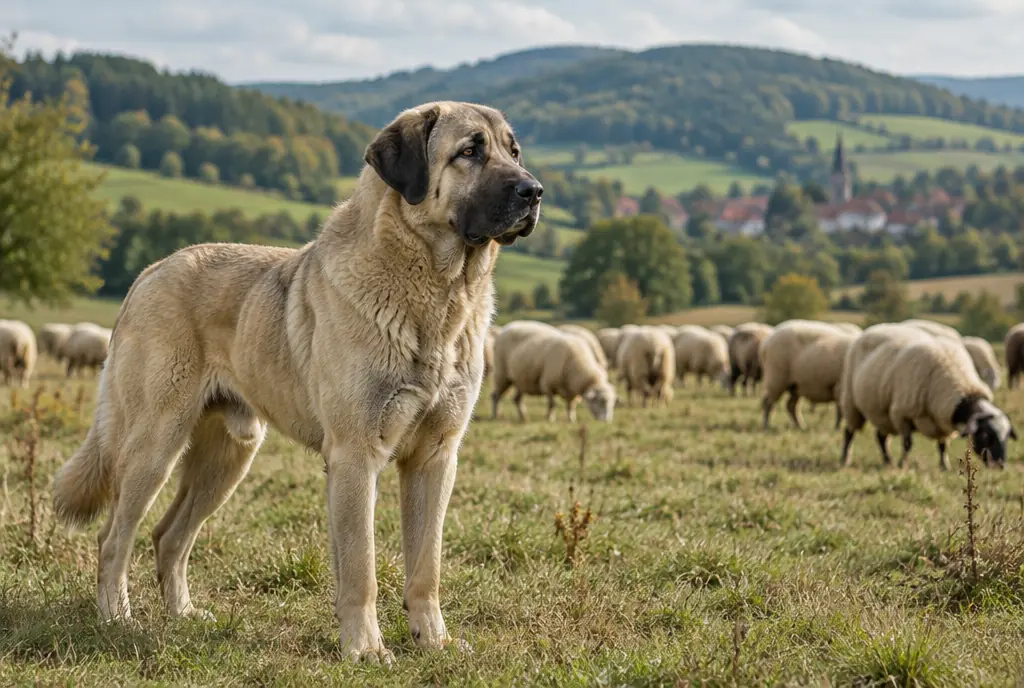 Kangal auf dem Hof: Listenhund in Hessen Kangal steht wachsam auf einer Weide, im Hintergrund grasen Schafe vor grünen Hügeln