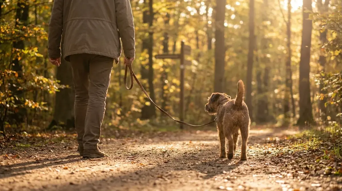 Angeleinter Hund geht mit seinem Halter auf einem Waldweg in Niedersachsen