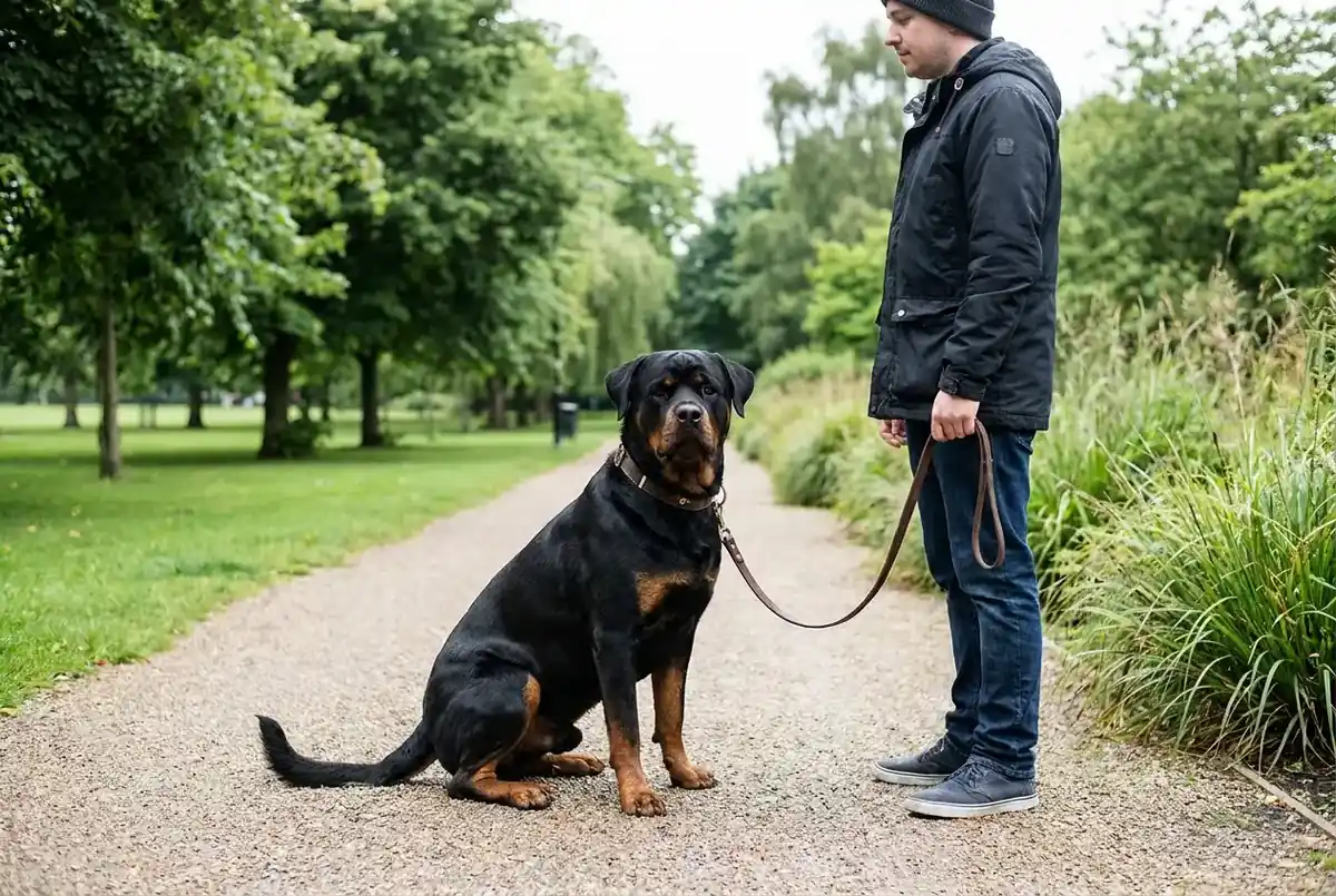 Rottweiler in Bayern mit Negativzeugnis Rottweiler sitzt ruhig angeleint neben seinem Halter, in Bayern ein Hund der Kategorie 2