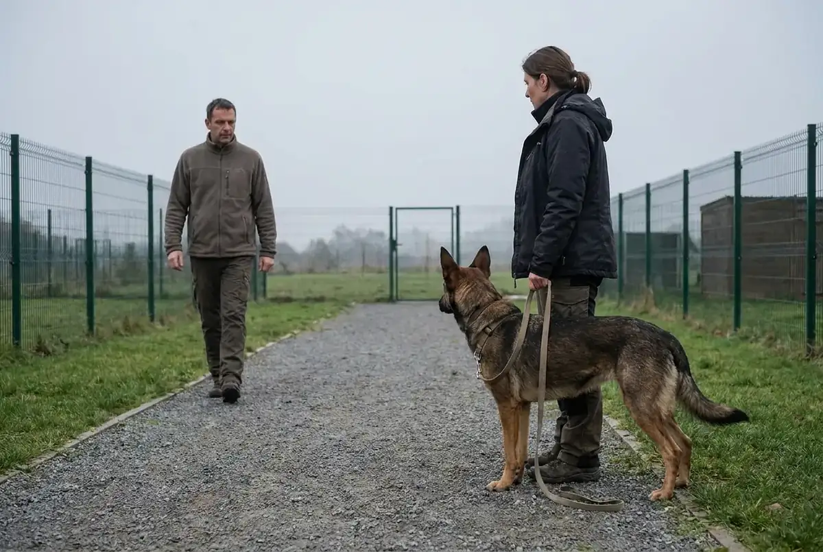 Verhaltensprüfung: Begegnung mit Fremden Hund begegnet bei der Verhaltensprüfung ruhig einer fremden Person, die Leine hängt locker