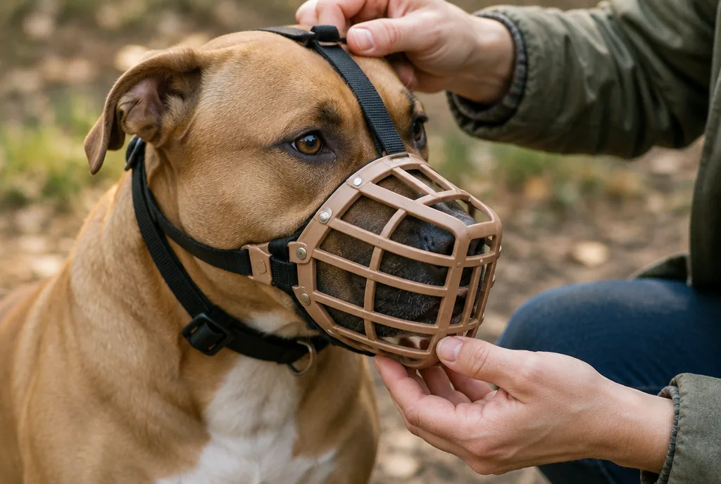 Maulkorb für Kampfhunde anlegen Halter legt einem ruhigen, kräftigen Hund behutsam einen Korbmaulkorb an