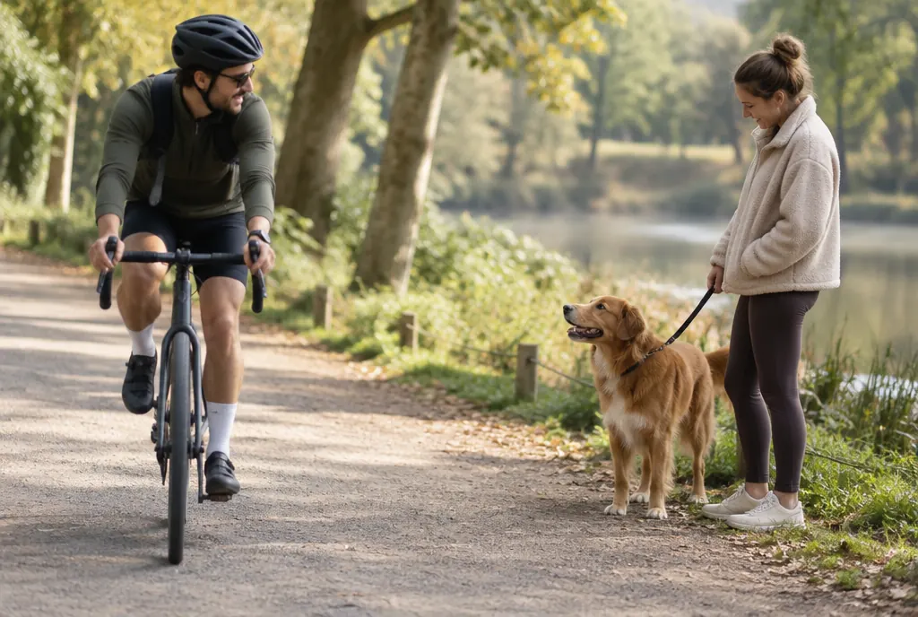 Radfahrer und angeleinter Hund auf dem Parkweg Radfahrer fährt an einer Halterin vorbei, die ihren Hund an kurzer Leine am Wegrand hält