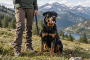 Rottweiler sitzt angeleint neben seinem Halter auf einer Almwiese vor den bayerischen Bergen