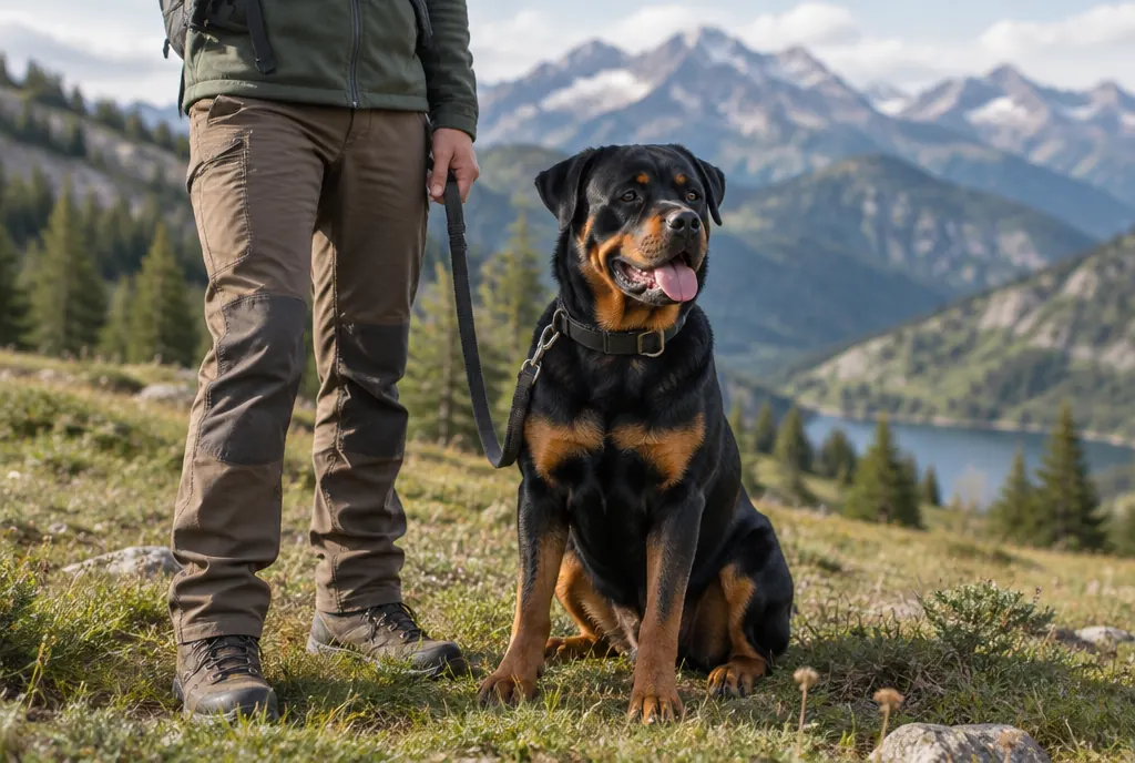 Rottweiler sitzt angeleint neben seinem Halter auf einer Almwiese vor den bayerischen Bergen