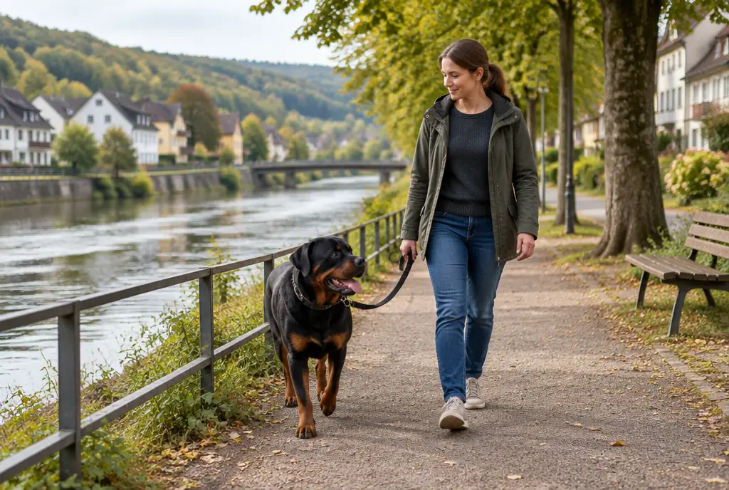 Rottweiler in Hessen an der Leine Rottweiler läuft angeleint neben seiner Halterin auf einer Uferpromenade in einer hessischen Kleinstadt