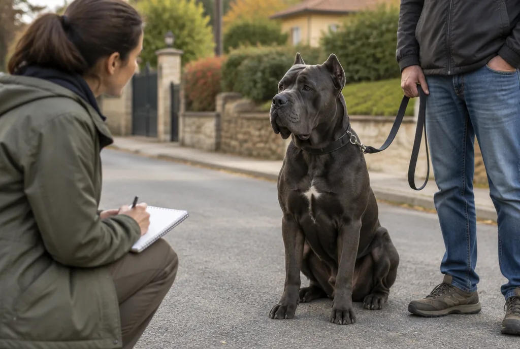 Gutachten für das Negativzeugnis in Bayern Sachverständige mit Notizblock begutachtet einen ruhigen Cane Corso an der Leine