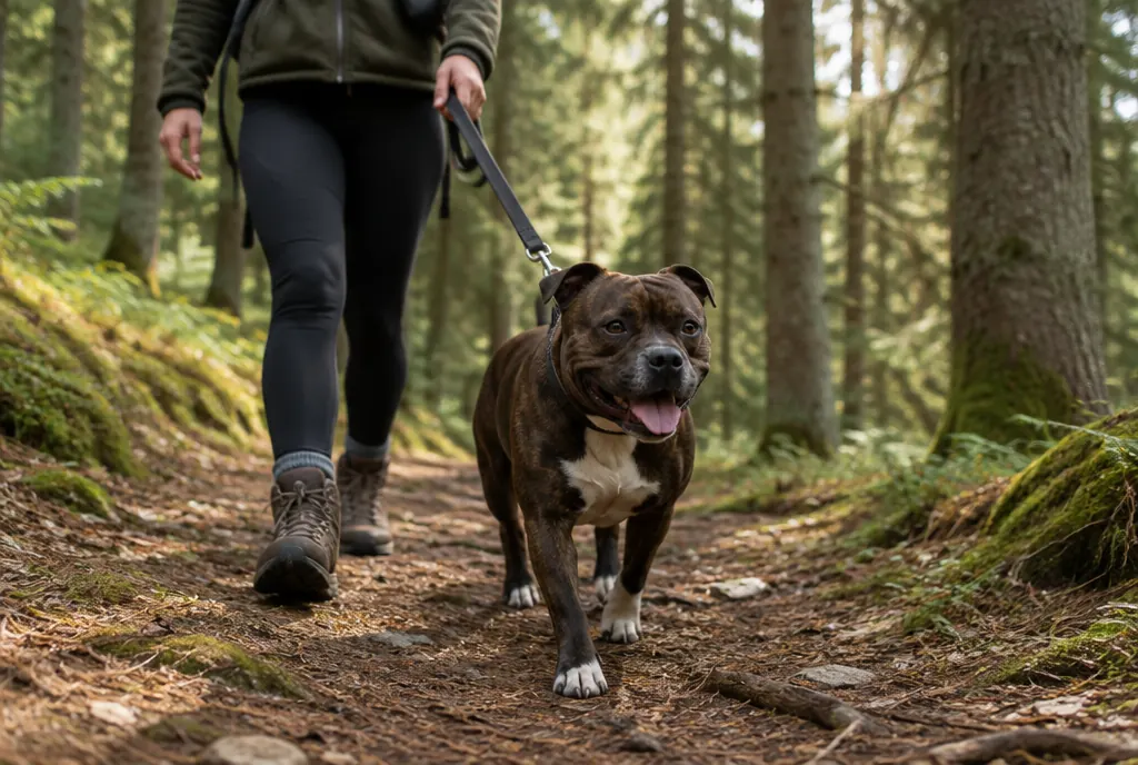 Leinenpflicht für Listenhunde in Baden-Württemberg Staffordshire Bullterrier geht angeleint mit seiner Halterin auf einem Waldweg im Schwarzwald