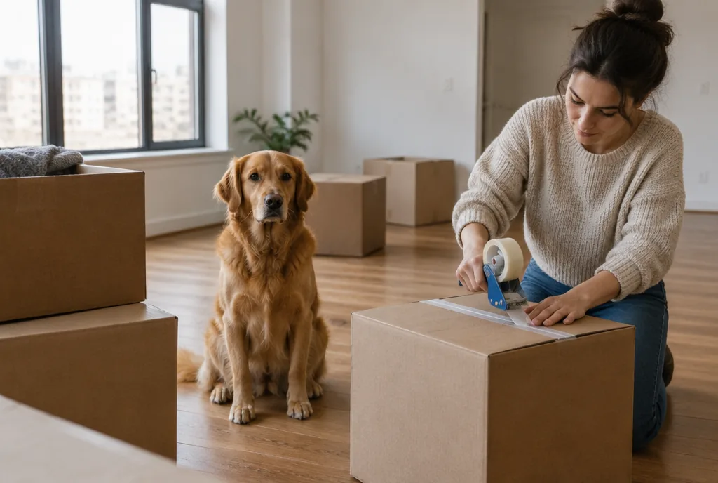 Hundesteuer beim Umzug ummelden Hund sitzt zwischen Umzugskartons, seine Halterin klebt einen Karton zu