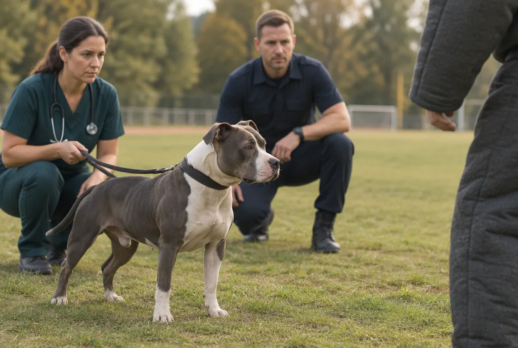 Verhaltensprüfung in Baden-Württemberg Tierärztin und Polizeibeamter beobachten einen angeleinten American Staffordshire Terrier bei der Verhaltensprüfung