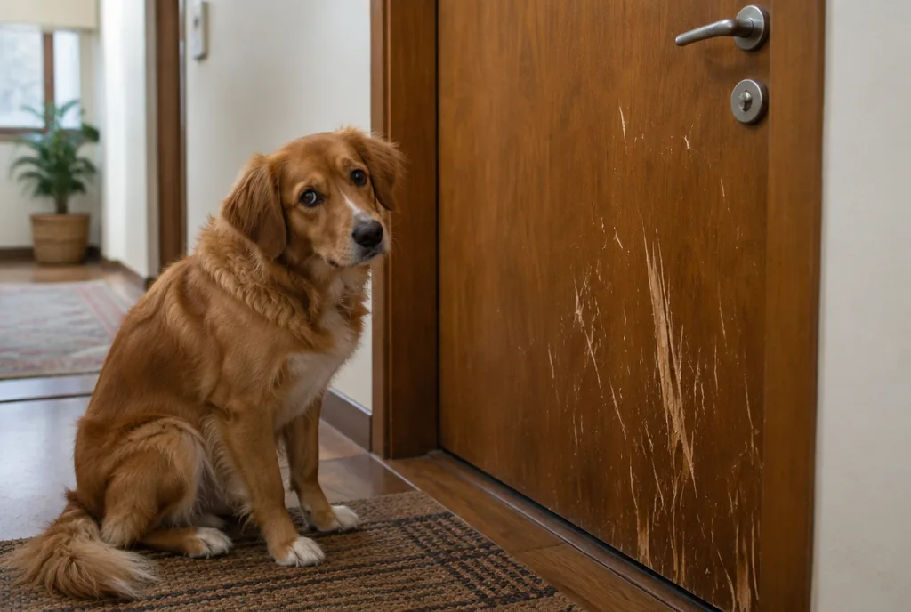 Mietsachschaden durch den Hund: zerkratzte Tür Hund sitzt schuldbewusst vor einer zerkratzten Wohnungstür