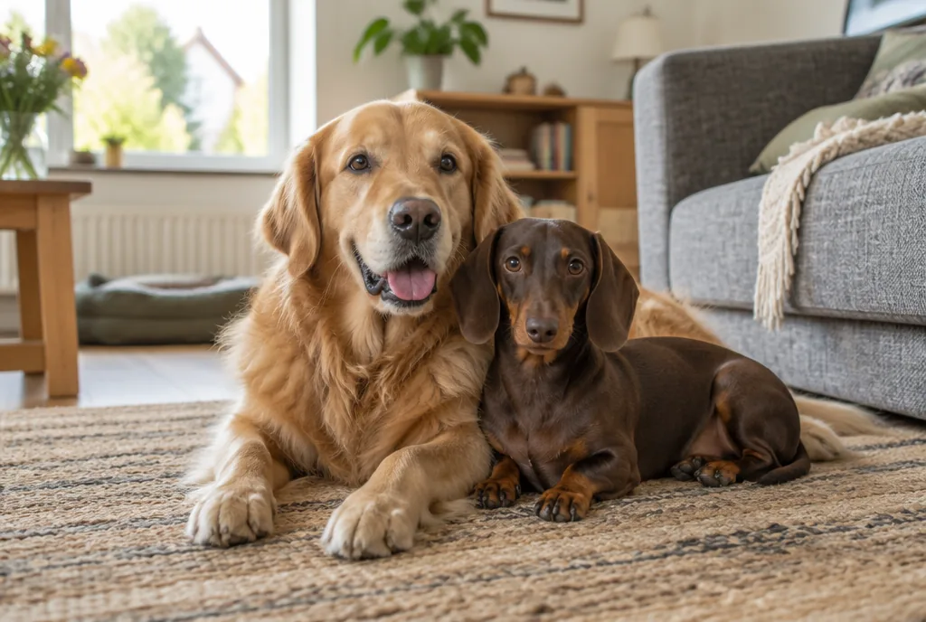 Zwei Hunde im Haushalt: Hundesteuer für den zweiten Hund Golden Retriever und Dackel liegen gemeinsam auf dem Teppich im Wohnzimmer