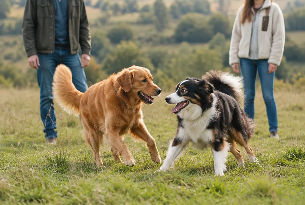 Zwei Hunde spielen auf der Wiese Zwei Hunde toben miteinander auf einer Wiese, ihre Halter stehen daneben
